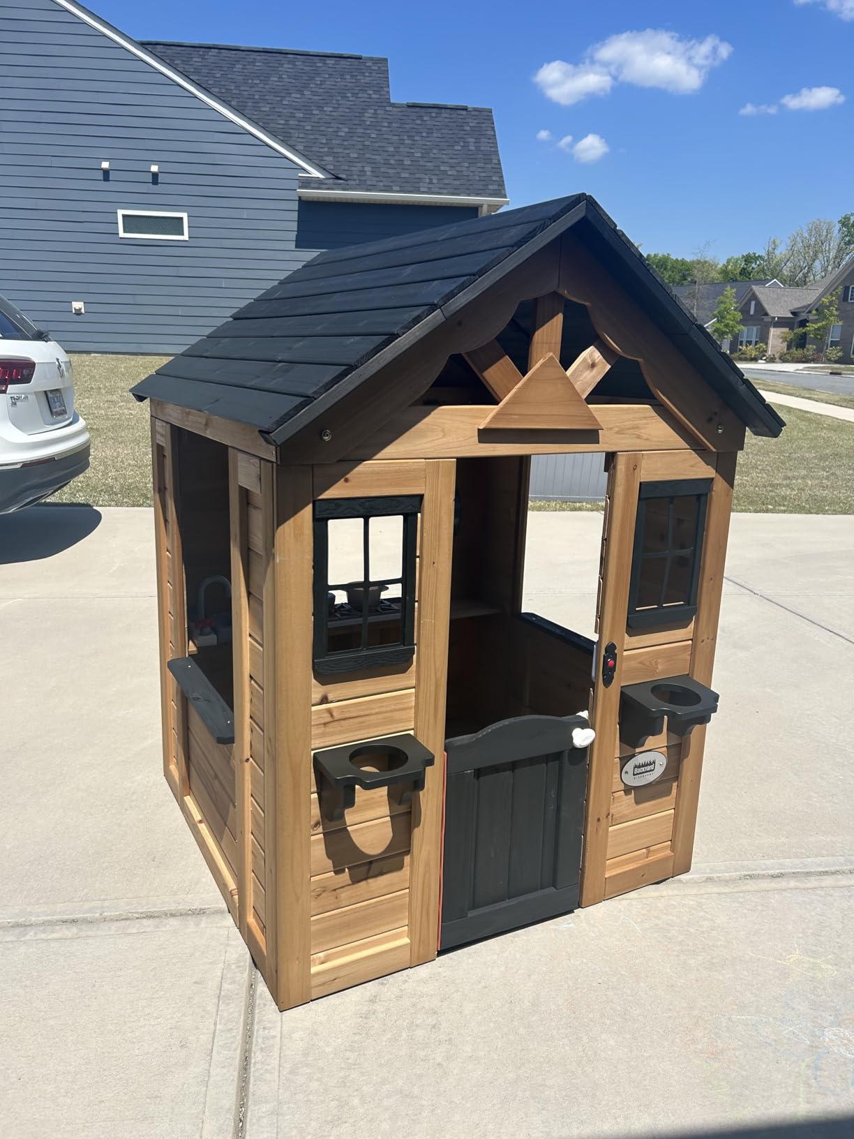 Backyard Discovery Sweetwater White Cedar Wooden Kids Playhouse Cottage with Play Kitchen, Snack Bar, Half Door, Toy Phone, Windows, Flowerpot Holders, Working Doorbell for Outdoor Imaginative Play customer photo 2