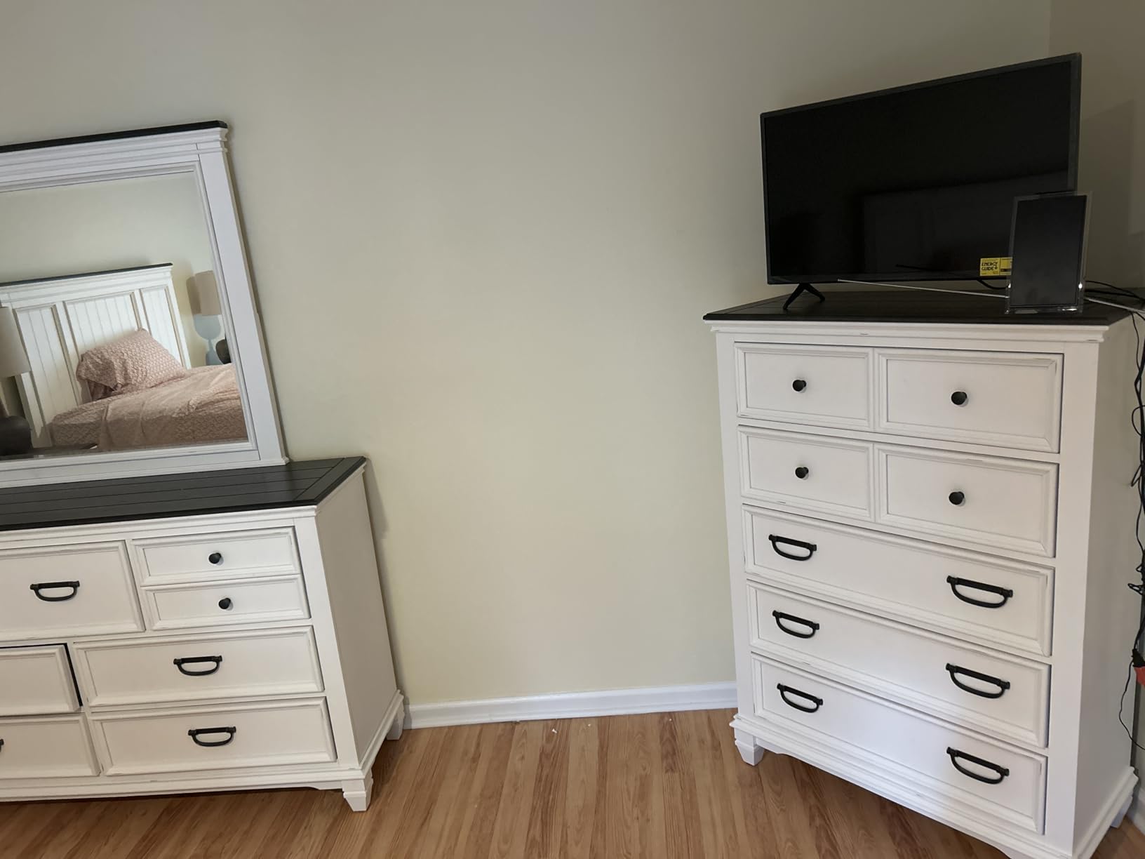 Clelane Wood Bedroom Set with Shiplap Panel Queen Bed, Dresser, Mirror, Two Nightstands, and Chest in Weathered White and Dark Gray customer photo 1