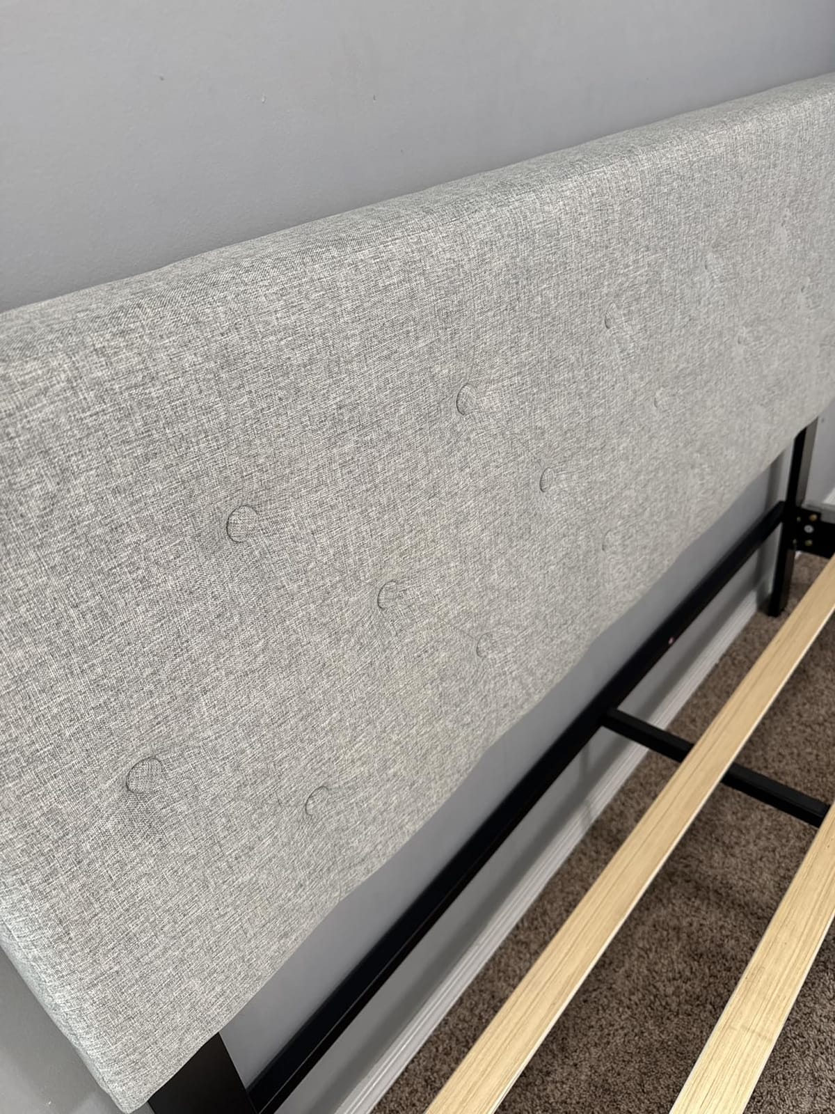 HAOARA King Size Platform Bed Frame with Upholstered Button Tufted Headboard, Mattress Foundation with Wooden Slat Support, Noise Free, No Box Spring Needed, Easy Assembly, Light Grey customer photo 2