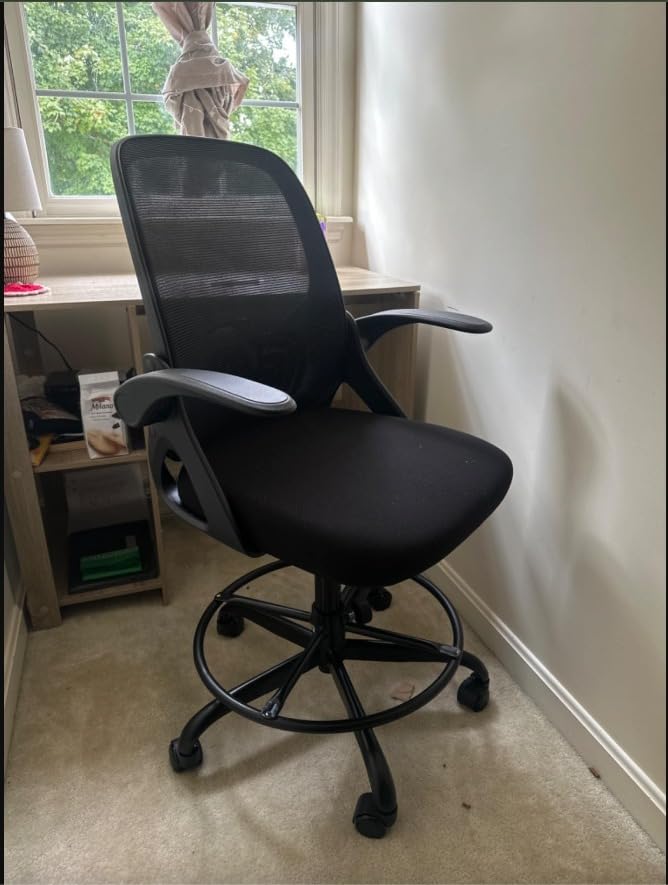 ORRSAKER Drafting Chair, Tall Office Chair with Flip-up Arms, Mesh Ergonomic Computer Standing Desk Chair with Adjustable Height Foot Ring and Lumbar Support, 300 LBS Capacity, Black customer photo 1