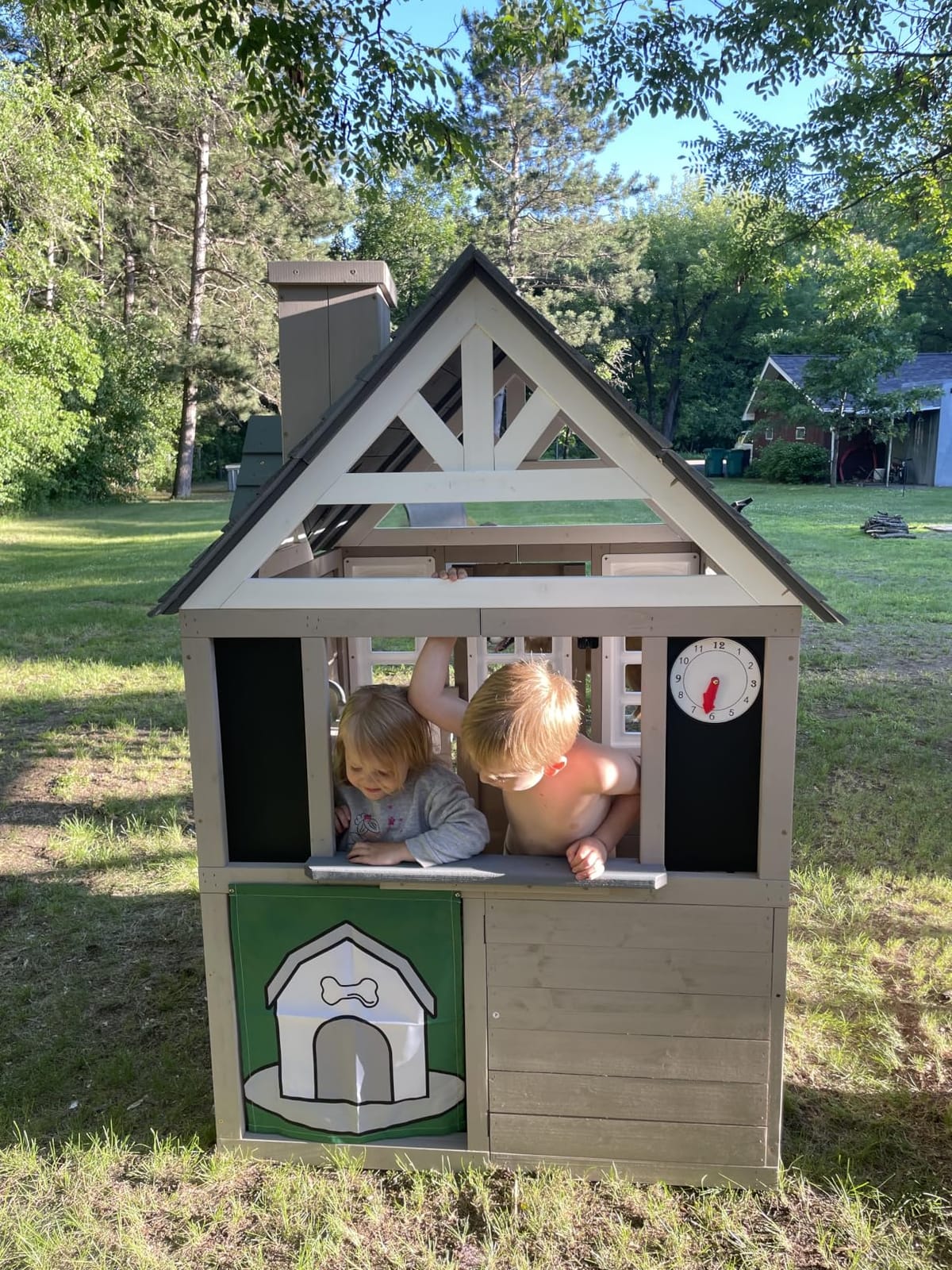 Kids Outdoor Playhouse,Cedar Gray Wooden Play House for Kids Ages 3-8, with Play Kitchen, Interactive Doorbell, Toy Phone, Sink, Flowerpot customer photo 2