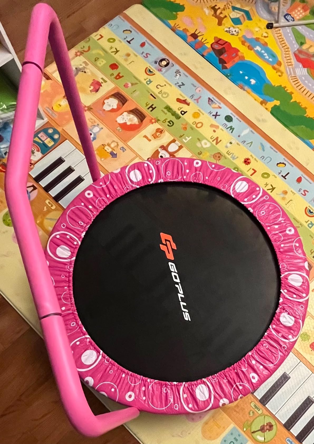 GYMAX Indoor Trampoline, 36” ASTM Approved Kids Trampoline with Removable Handrails & Safety Pad, Spring-Free Folding Mini Rebounder, Small Fitness Trampoline for Toddler/Adults customer photo 1