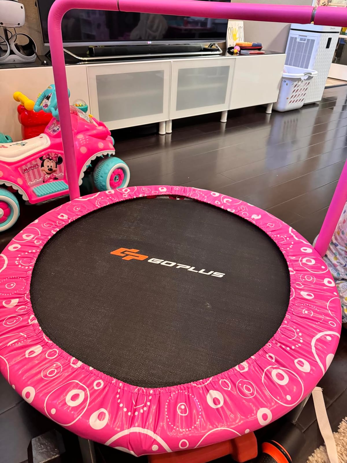 GYMAX Indoor Trampoline, 36” ASTM Approved Kids Trampoline with Removable Handrails & Safety Pad, Spring-Free Folding Mini Rebounder, Small Fitness Trampoline for Toddler/Adults customer photo 2