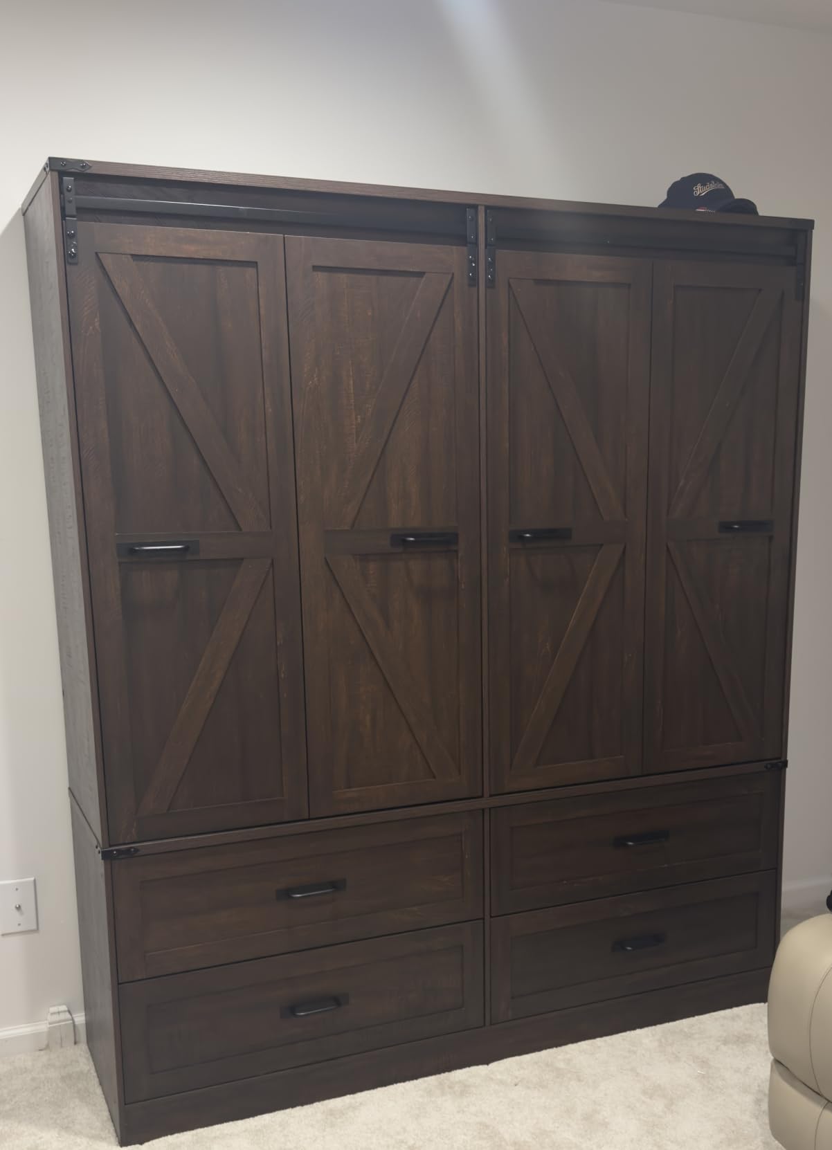 Farmhouse 4 Doors Armoire Wardrobe Closet w/Folding Sliding Barn Door and Lights, LED Armoire Closet w/Drawers for Bedroom, Freestanding Wooden Wardrobe Storage Closets w/Hanging Rod,Antique White customer photo 2