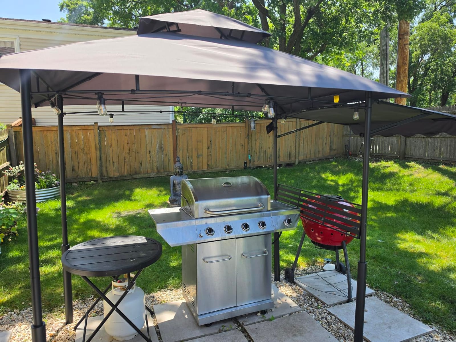 VEVOR Grill Gazebo, 11x5 ft BBQ Gazebo with Extra Awning, Double-Tiered Outdoor Grill Shelter, Thickened Support Legs, Powder-Coated Steel Grilling Canopy with Side Shelves, Bottle Opener & Hooks customer photo 2