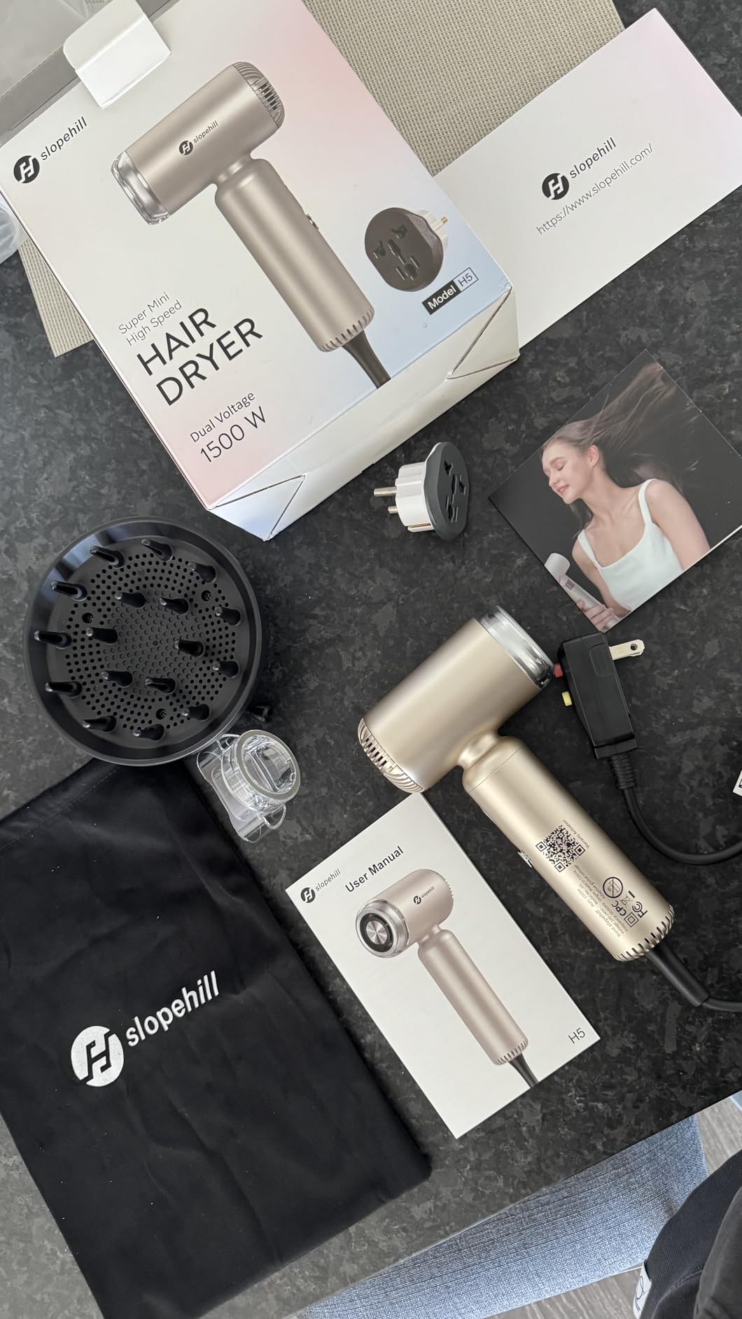 slopehill Dual Voltage Travel Hair Dryer with Diffuser, Ionic, 1500W, Gold customer photo 1