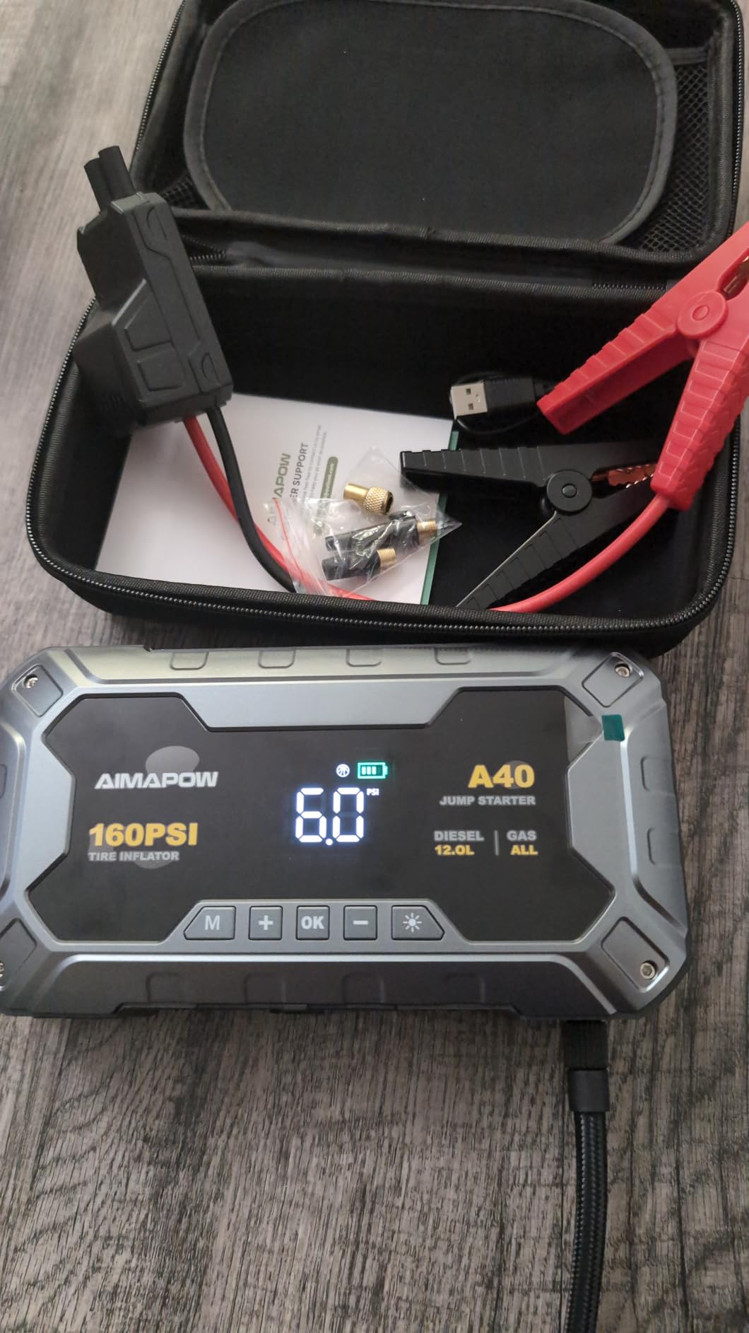 160PSI Jump Starter with Air Compressor, 12V Car Battery Jump Starter Power Bank(All Gas/12L Diesel), Car Starter with LED Flashlight, Force Start, Jump Pack with Jump Leads customer photo 2