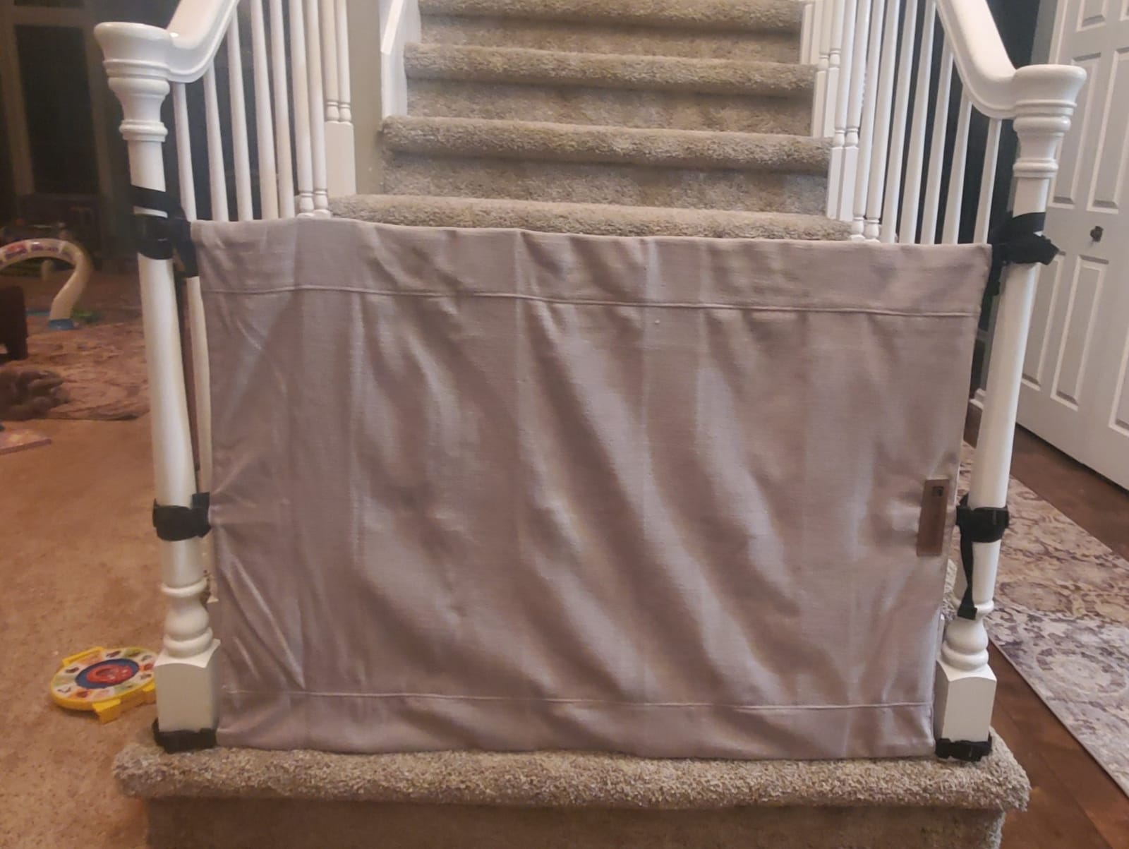 The Stair Barrier First Fabric Banister to Banister Baby Gates for Stairs 36”–42” Wide x 32” Tall– No Drill Baby Gate for Top or Bottom Staircase, Machine-Washable Climb Proof, Designed in USA, Grey customer photo 1