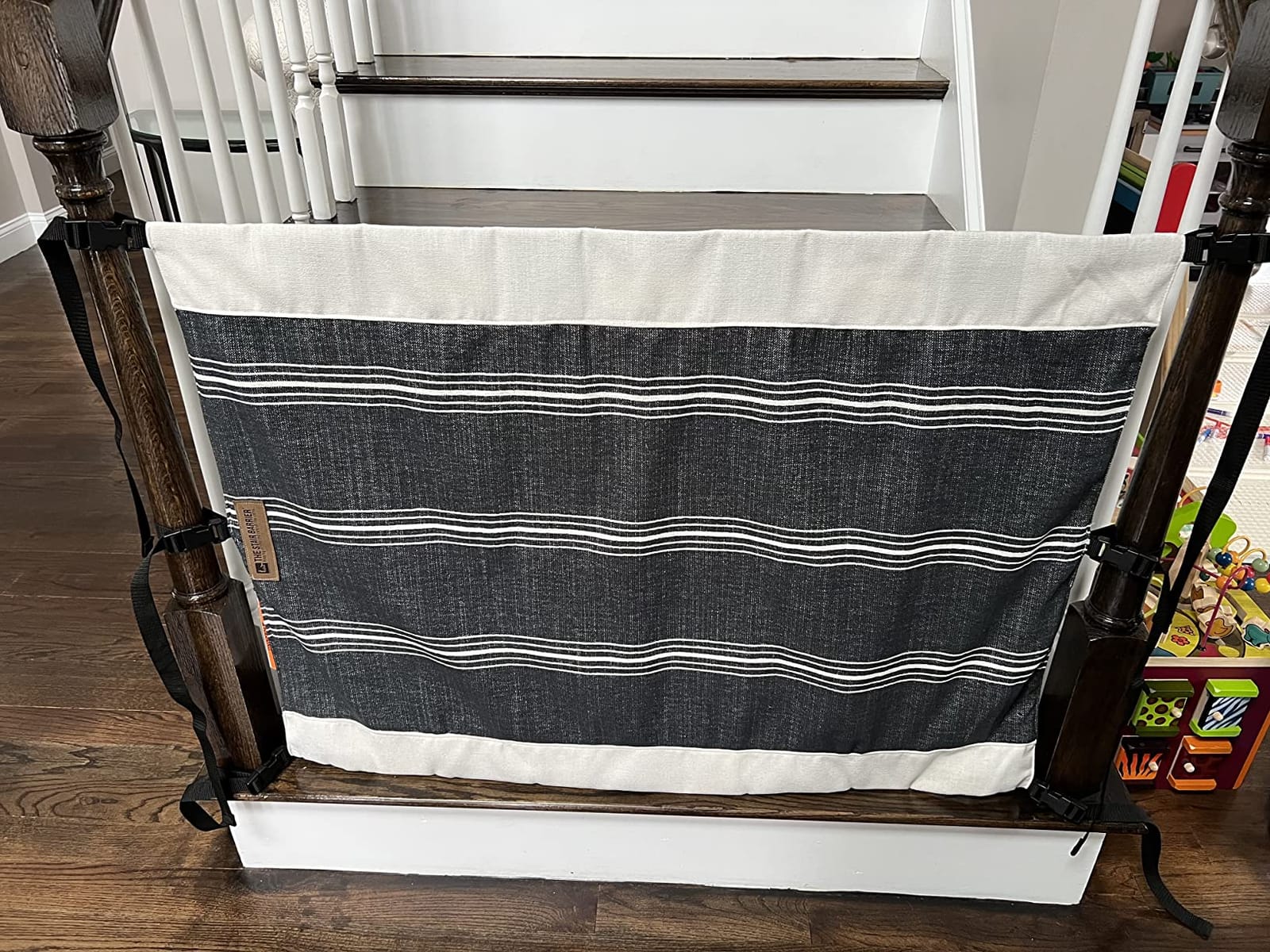 The Stair Barrier First Fabric Banister to Banister Baby Gates for Stairs 36”–42” Wide x 32” Tall– No Drill Baby Gate for Top or Bottom Staircase, Machine-Washable Climb Proof, Designed in USA, Grey customer photo 2